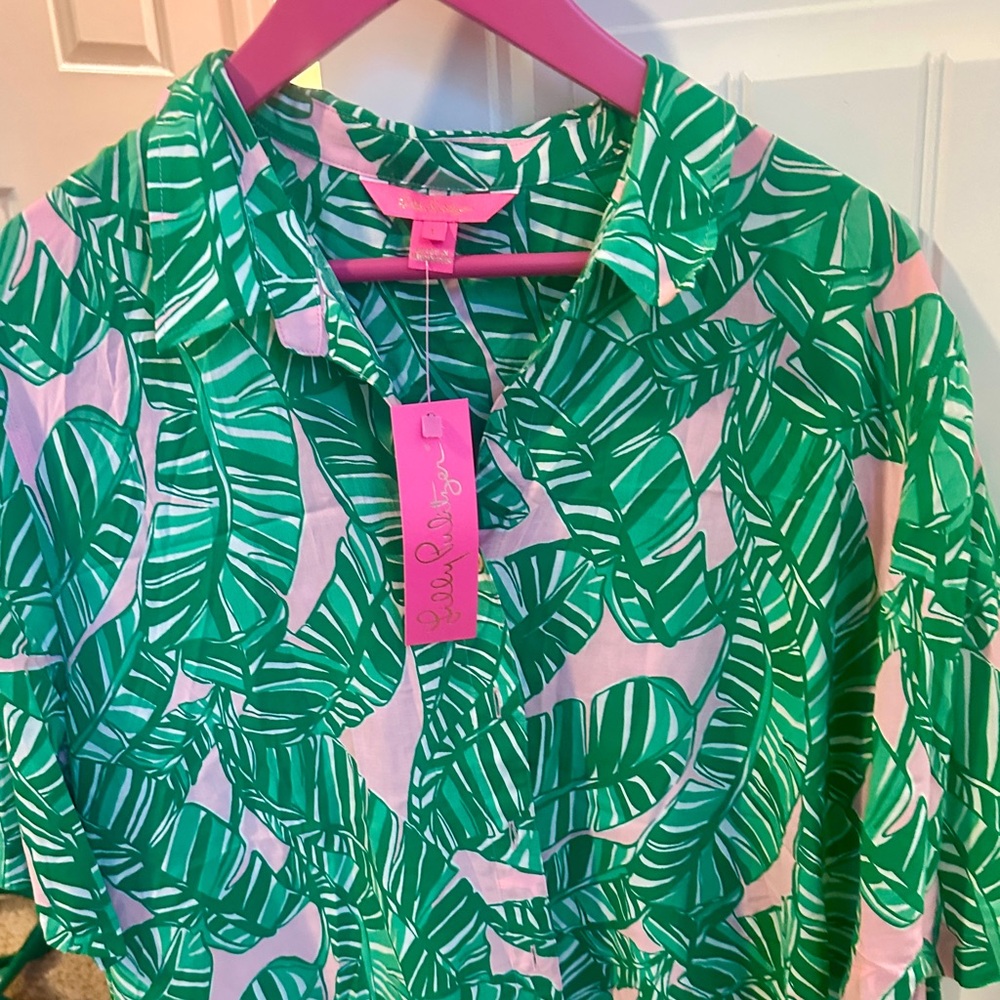 NWT Lilly Pulitzer Franki Shirt Coverup conch shell pink let’s go bananas  L
